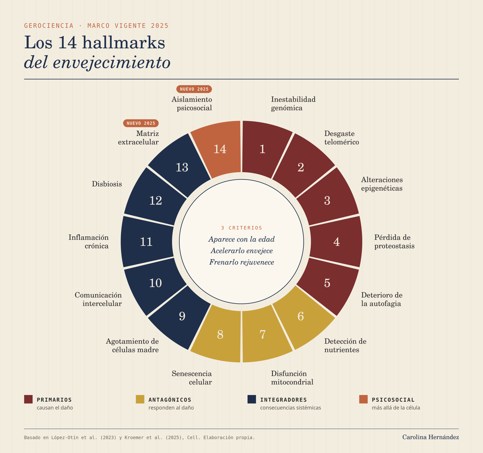 Rueda de los 14 hallmarks del envejecimiento